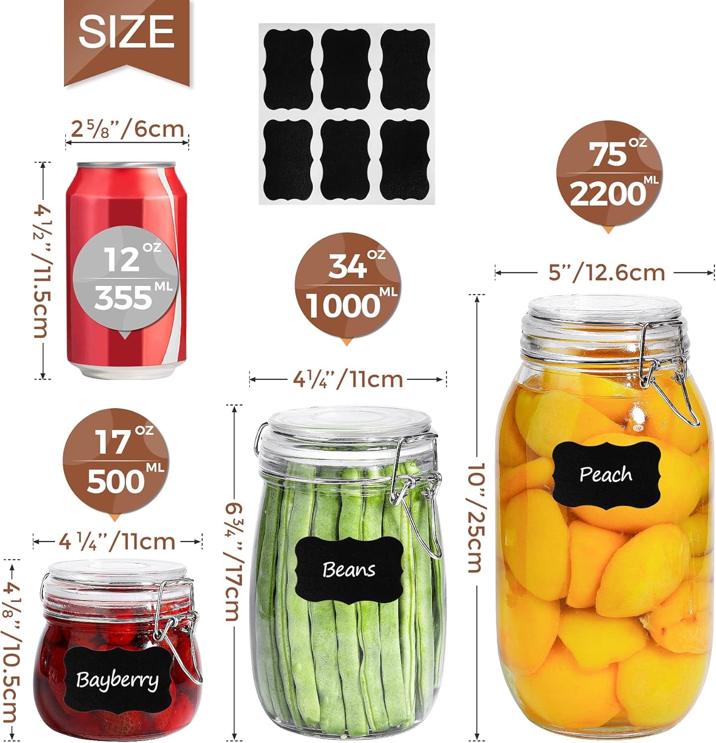 Airtight Glass Canister Set of 6 with Lids 17Oz Food Storage Jar round - Storage Container with Clear Preserving Seal Wire Clip Fastening for Kitchen Canning Cereal,Pasta,Sugar,Beans,Spice