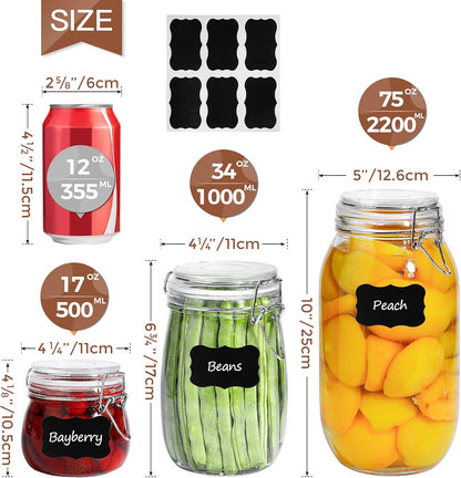 Airtight Glass Canister Set of 6 with Lids 17Oz Food Storage Jar round - Storage Container with Clear Preserving Seal Wire Clip Fastening for Kitchen Canning Cereal,Pasta,Sugar,Beans,Spice